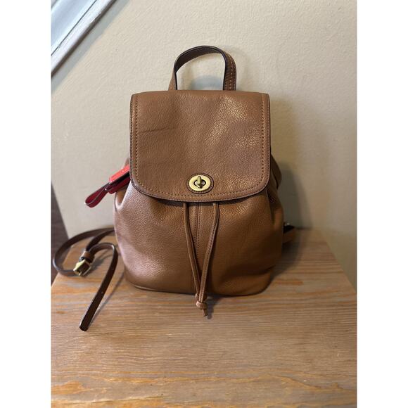 Coach Pebbled Leather Backpack Bag Womens Mini Brown Turnlock Drawstring F24385 - Picture 2 of 15